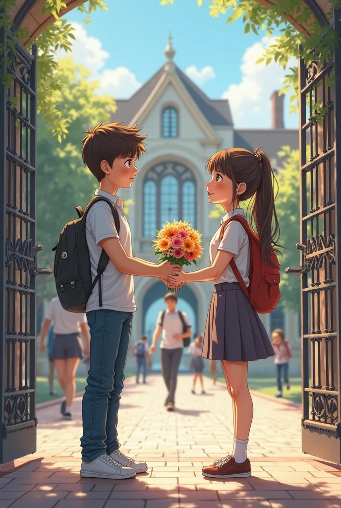 Create an image with a boy and a girl going, both blond. And a girl with brown hair coming in the opposite direction to the couple and she and the boy will be looking at each other romantically.
The scene is a square at dusk, with letters scattered on the floor.