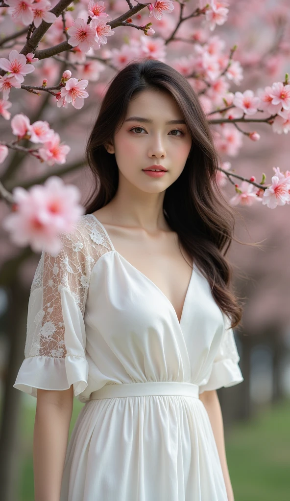 (A logo、masterpiece、8K、masutepiece、Raw photo、Fantastic、Best Quality、8K wallpaper that integrates photorealistic and high-definition CG、hightquality、ighly detailed、epic poem、Particle effect、Dynamic effects、depth of fields、Cinematic Light、Lens Flare、Ray tracing)、Fantasia、 (Beauty 1 person、White Japanese Clothing、Japanese dress、White cherry blossom pattern、White cherry blossom embroidery pattern、A dark-haired、Beautiful face、Real Face、beautiful details eyes beautiful skin)、Hair flutters in the wind、Hair jumps、Pink cherry blossom tree、Petals flutter、Sakura blizzard、Superb view、morning glow、Sun in the background、the wind、Deities、tusk、myth、Vast Land、