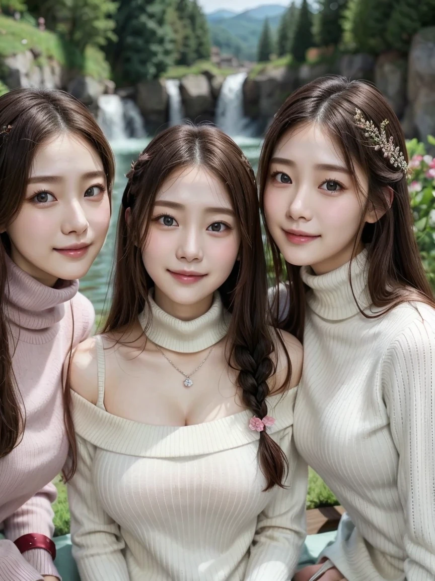 (3 girls), young faceอินโดนีเซีย, smile, white skin, Round breast, blue eyes,((Braided hair, off-shoulder sweater))Masterpiece, Highest quality, 8ก, beautiful girl, young face、 photography, Cute face, thigh,infamous valley、รอยsmile、((((((12 years))))))、small waist、((Busty))blue eyes(((big breasts:1.2)))