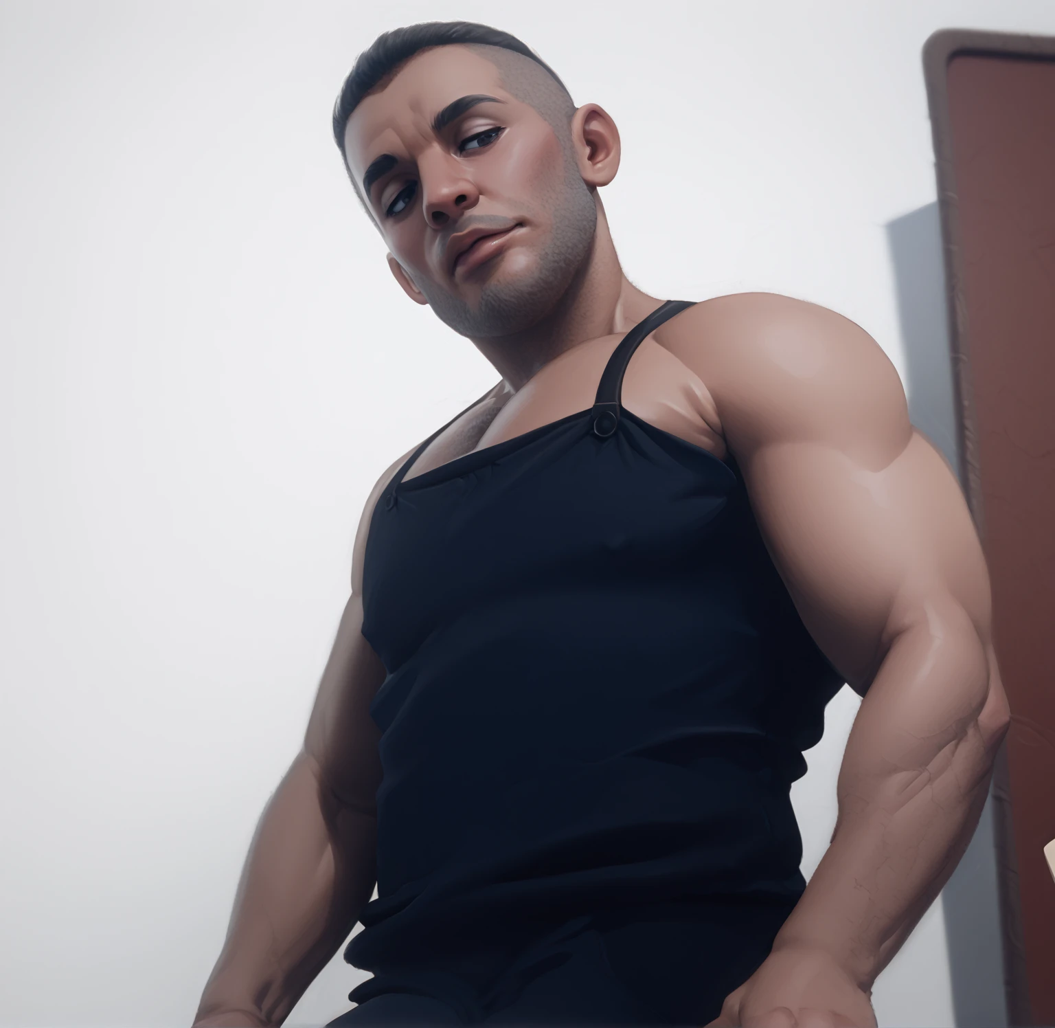 (masterpiece, intricately detailed, highest resolution, best quality:1.2), (doujin), a cocky jordan_torres Instagram influencer, buzz cut, a 24 y.o muscle stud with a muscular physique sitting on a chair with black eyes,full-body tattoo, dark-skinned male, clean shaven, wearing a ((open jacket, big chains, chav, armbands)), ((excessive cum)) ((cum on body)) (cum drip), flaccid penis,saggy balls,hairy chest,vascular,muscle striations,soft light,fantastic realism, colth