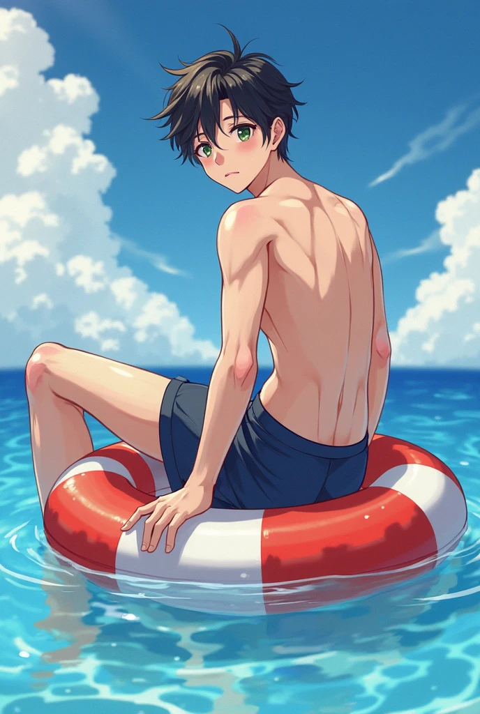 salt water pants, swim in the sea, summer, water melon, (masterpiece), best quality, expressive eyes, perfect face, black haired man, blue eyes,boy,