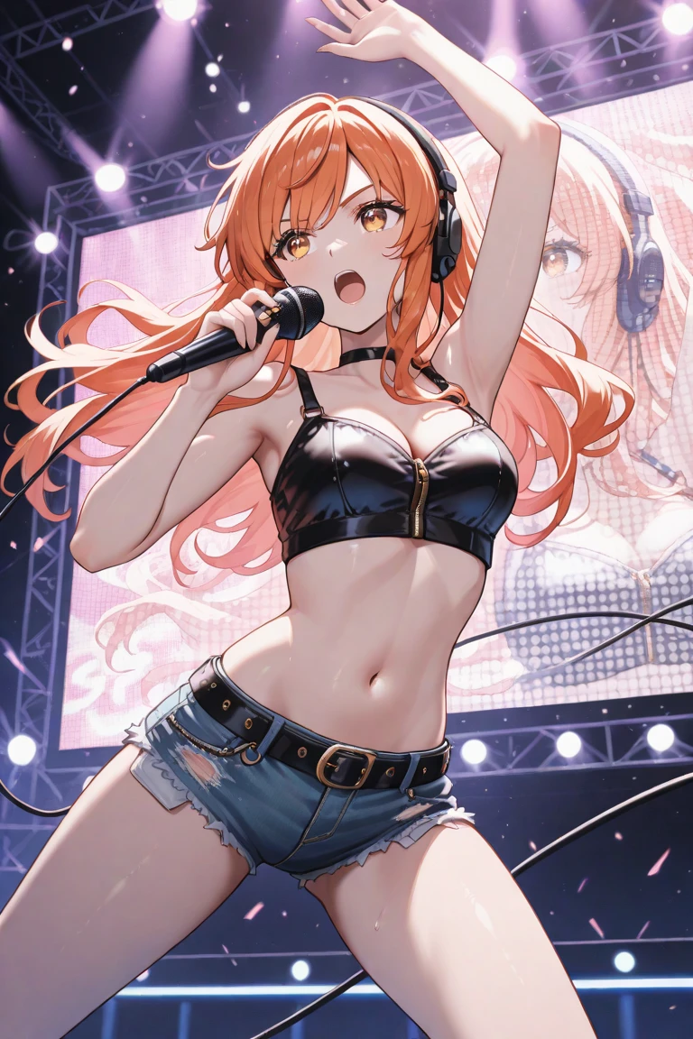 the girl lead singer of a heavy metal band, live show, in a sexy bikini, orange hair, big breasts, punk rock belt, black leather pants, lit stage and fireworks.