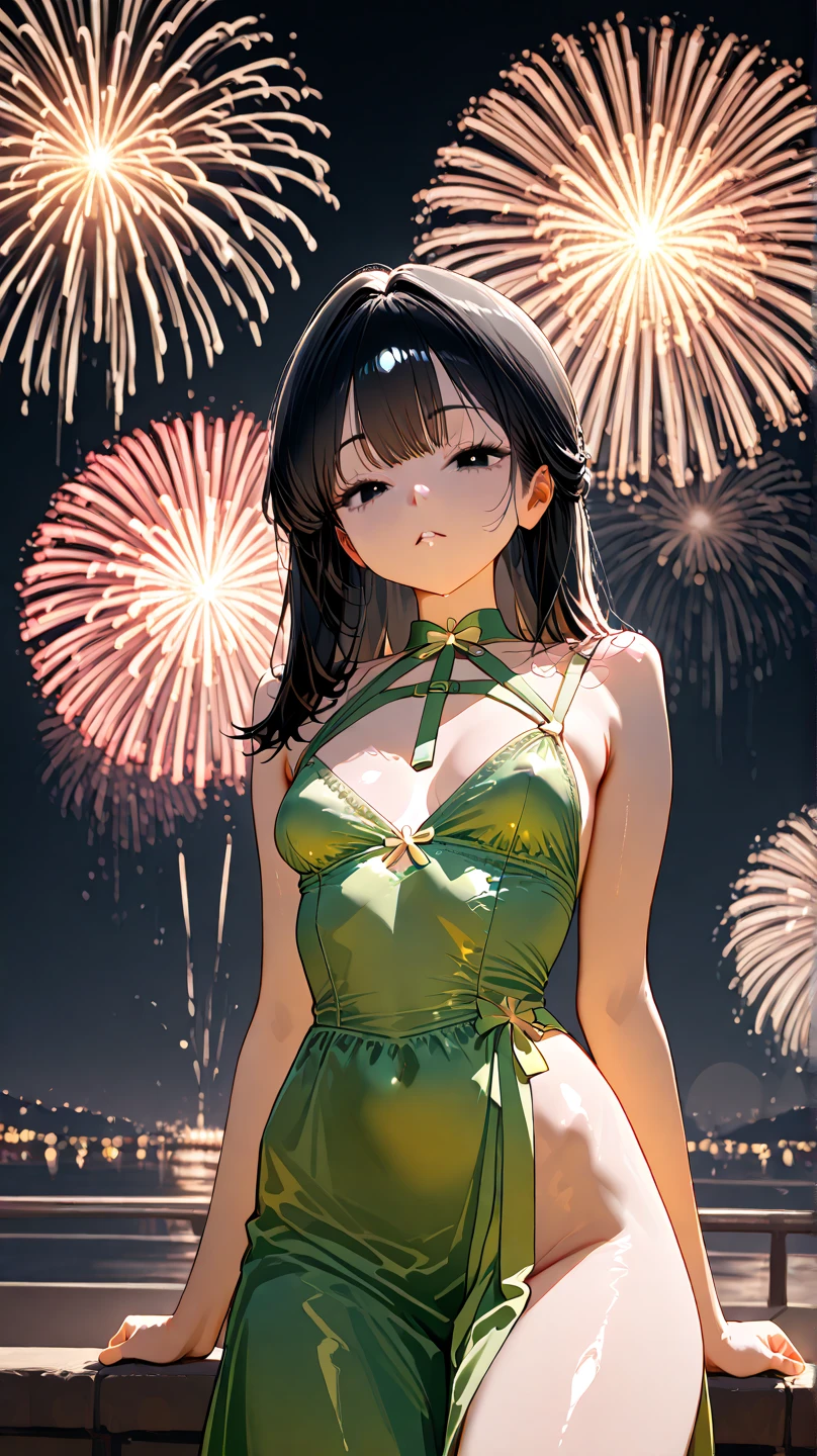 masterpiece, best quality, Summer Kimono,Tanned skin, Flowering, firework, firefly，reed bush, Smile, Dance, Night Sky, from above，Black hair，Summer Festival，Beach