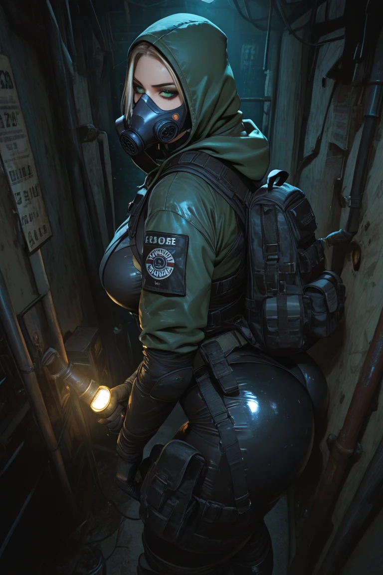 combine soldier, 1girl, solo, standing, helmet, gloves, looking at viewer, facing viewer, military, science fiction, city, russia, gas mask, large breasts, wide hips, thicc thighs, no clothes,