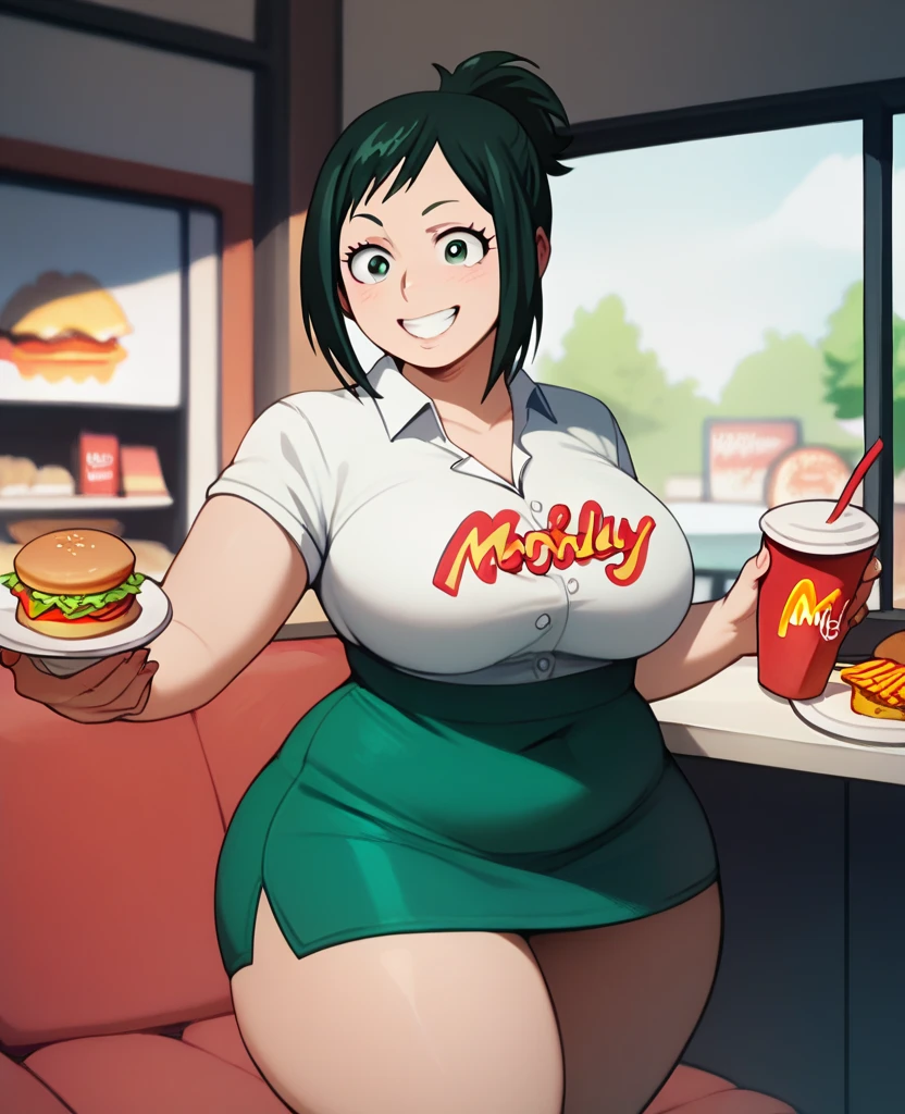 Fat girl With green short  hair with a big belly and breasts, she is very big and fat, sitting while eating junk food. She is surrounded by hamburgers, French fries, and soft drinks, with a satisfied expression on his face. With a big belly and a round face with a double chin.
