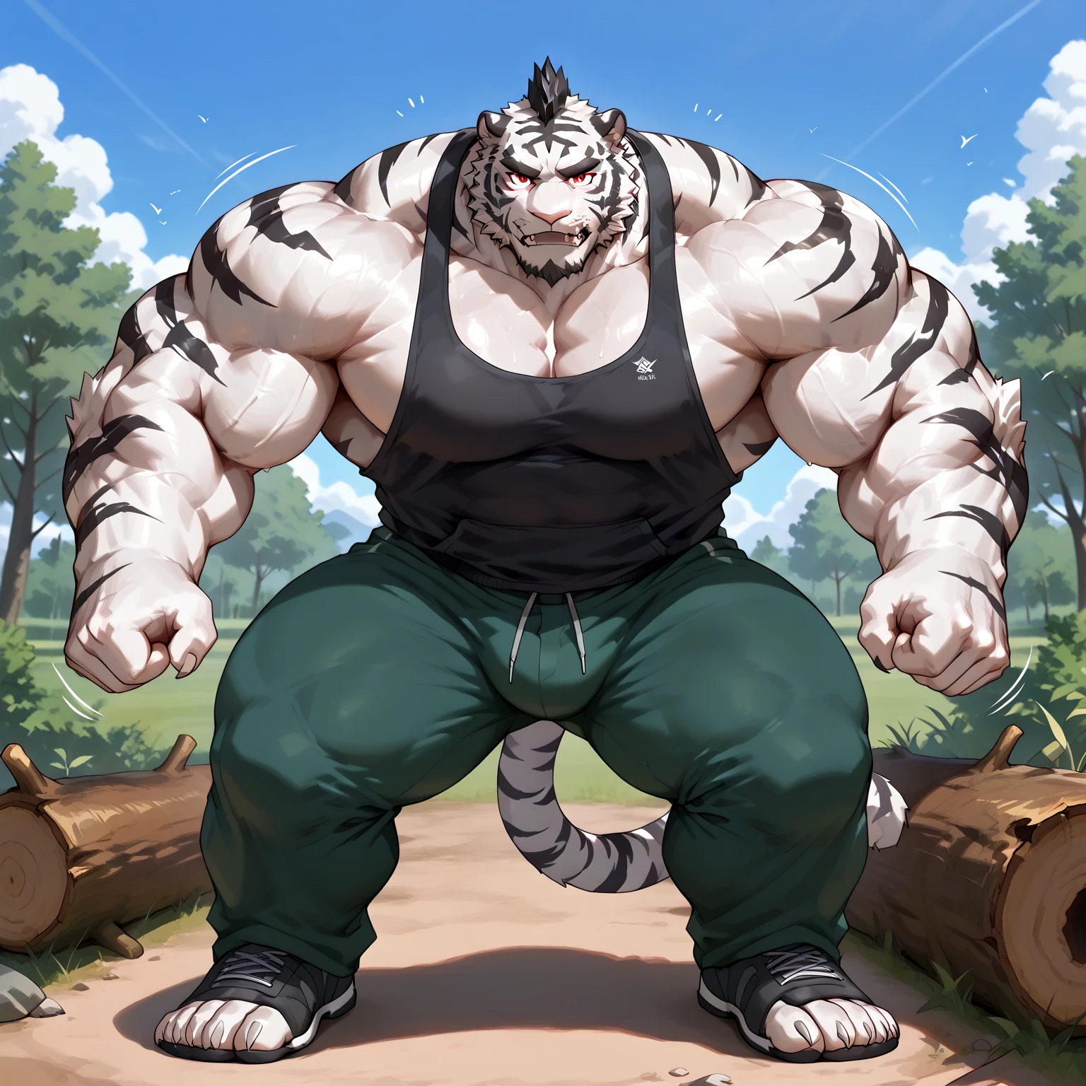 Sweating, muscular, Topless, Get on all fours, Holding farm tools, Cultivate the land, Anthropomorphic, chest hair, Serious expression, Daytime in the fields(scars in the face) Mature (blue eyes)Huge muscular, Well-developed abdominal muscles, wilderness, Wearing nipple rings and nipple covers, prisoner, Collar with chain, Ambitious, Sweaty black bull