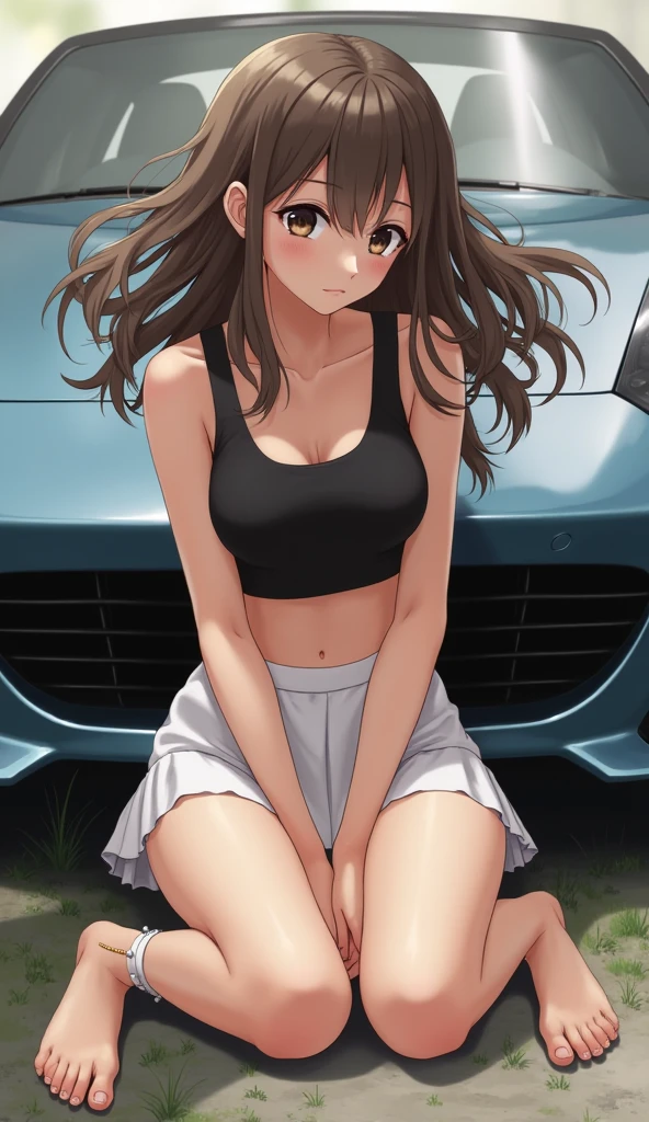 ((best quality)), ((masterpiece)), (detailed), (((perfect face))), ((((slender 16yo teenage girl)))), (((upper class rich car park))), (((topless))), (((dark blue pleated skirt))), ((brunette, brown hair)), ((ponytail)), ((skinny thighs)), ((skinny hips)), (((bare legs))), (((shy:1.3))), (((blushing cheeks:1.5))), (((blue eyes)))