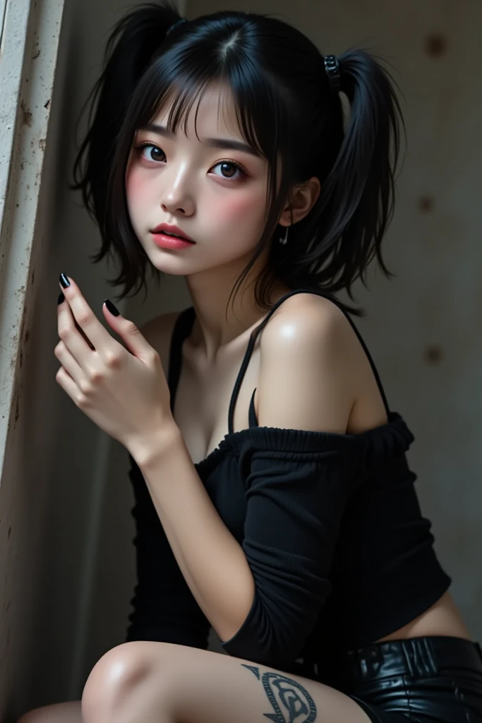 Surreal、A masterpiece of delicate and detailed line drawing、Highest quality、Highest quality、(One Woman、16 years old、(Black Hair、Hime cut, short hair:1.2)、(Natural Makeup、Eyelash extensions、Draw eyelashes sharply、Eyebrows are thin and short、Deep orange blush:1.1)、(Spaced out、Looks sleepy、Open your mouth、cheeks turn a little red:1.2)、(Simple black hair accessories、Completely naked:1.3))、Dark Rose Gardens、Purple Rose、(Blur the background:1.3)、(Top view of the subject:1.1)、Photo from thigh up