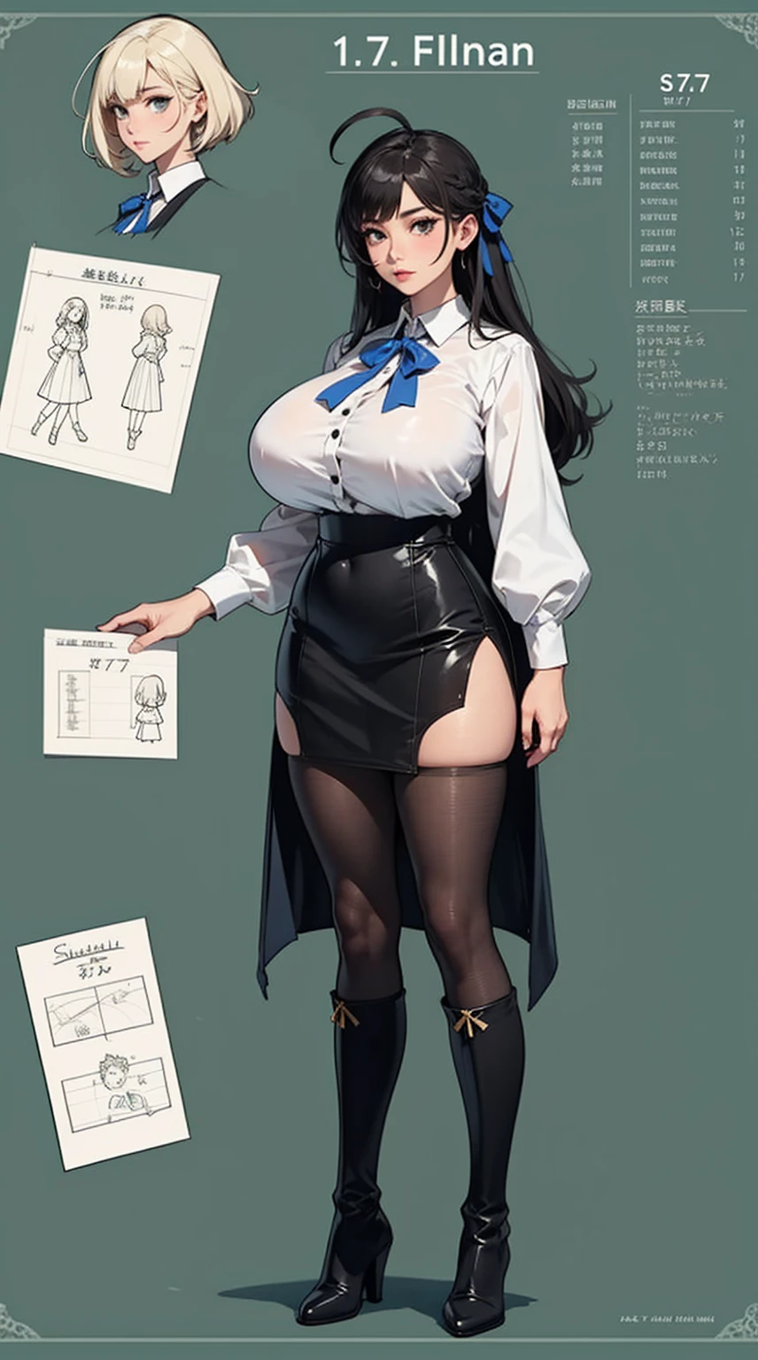 girl, solo, full body, from head to toe, standing, (Huge_Breasts:1.3), (short_skirt:1.2), mini skirt, (very short_skirt:1.2)
Character Design Sheet, character reference sheet, character turn around,
nino nakano, long hair, bangs, blue eyes, hair ornament, hair ribbon, pink hair, blunt bangs, two side up, butterfly hair ornament,
skirt, shirt, long sleeves, white shirt, pleated skirt, open clothes, collared shirt, sleeves past wrists, dress shirt, cardigan, green skirt, open cardigan, black cardigan, cleavage, thigh-highs
