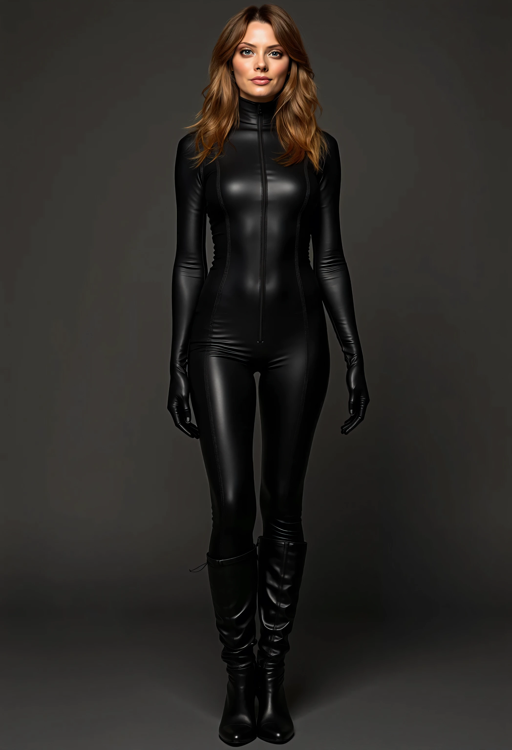 Ultrarealistic picture woman, 4K, NSFW highly detailed scene, full body, hyperealistic, sexy pose, brownish blonde hair, hairstyle middle parted. Slender tall Hourglass body, wide hips, perfect curvy legs. Wearing plain tight spandex SHINY black catsuit fully closed, long legs and long sleeves, with stitching lines along the middle of the legs and up along the torso up to the neck. Wearing black leather knee high boots. Standing.front view., Looking Directly At The Viewer, Centered, Making Eye Contact, Looking Straight Ahead, Looking Forward, Striking A Dynamic Pose, Centered, Macro Shot, Face Centered, Focus On Eyes