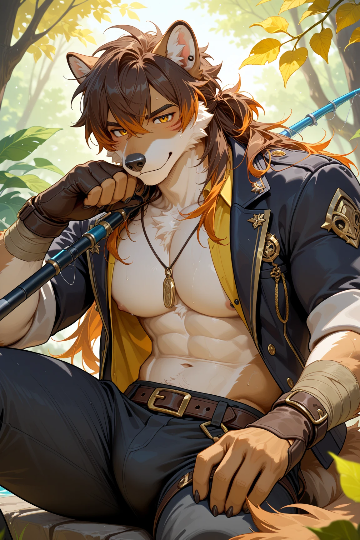 thin male solo cartoon cat by zackary911 hair over eyes wearing fashionable black thong , small waist broad chest orange mane slim scruffy colorful variety of colors --auto --s2