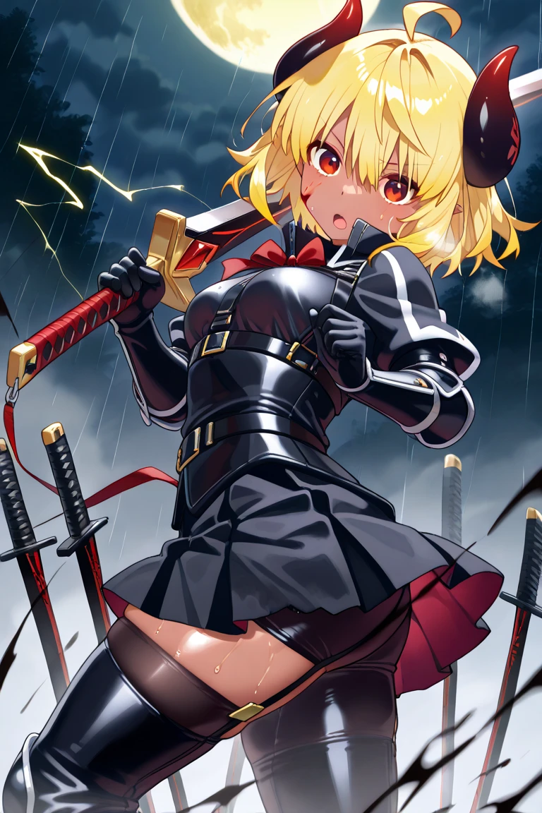 A crazed looking himoko toga, holding two bloody knives