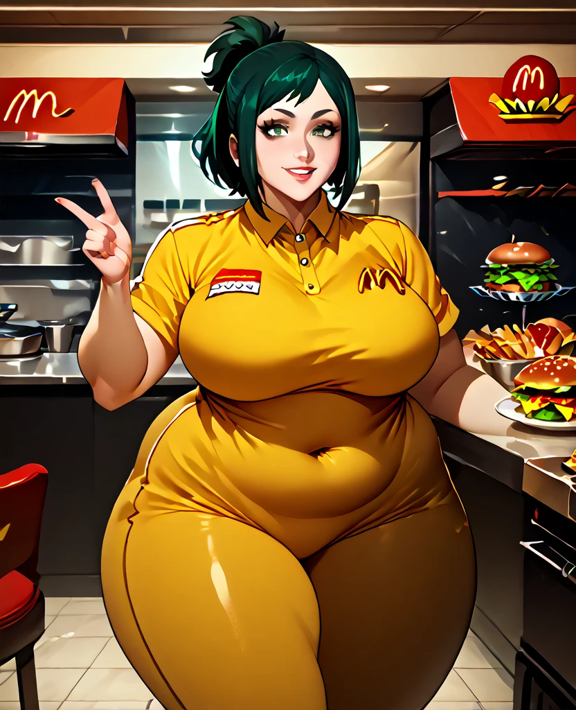 score_9, score_8_up, score_7_up, score_6_up, score_5_up, score_4_up, (source_anime), mcdonald, yoru mac, big breast, sagging breast, bbc, fat pussy, Slim waist, thick thighs, Sitting at a table, McDonald's uniform
