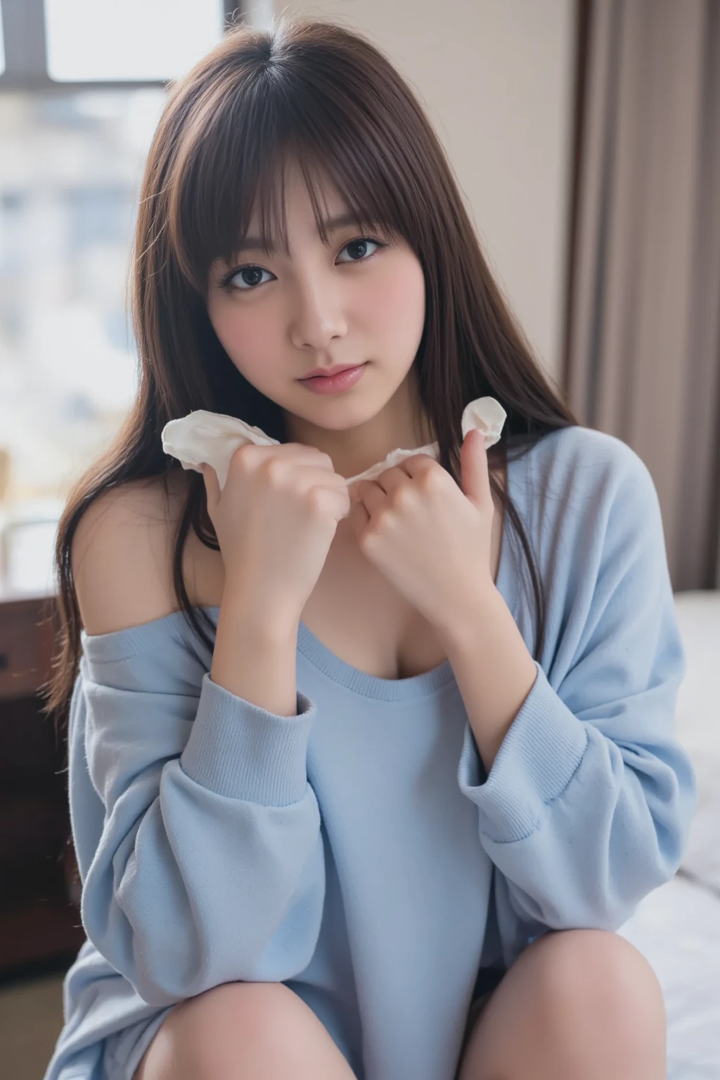 sleep(Photoreal)、(Super high realism)、(ultra high resolution)、(Ultra high definition)、 (14 year old girl、small face、very young face, natural makeup)(fair skin、Smooth skin、realistic texture)(sparkling eyes)beautiful breasts、beautiful cleavage、thin waist、big ass、((cute smile))((Long ponytail))With bangs(light brown wool short coat、knee high boots、Gingham check miniskirt)brown hair(earrings)Stylish coffee shop((((Thighs look bold、Bed、Bedでsleep:1、put your head on the pillow))))(((Full body shot from above、Can be seen below the knee)))