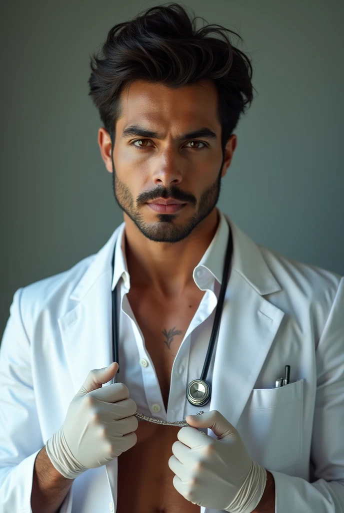 masterpiece, best quality, high resolution, closeup portrait, male focus, solo focus, A man, with doctor clothes, bare chest, body hair, facial hair, muscular , in the background a doctor office, amazing composition, front view, HDR, ultra quality, elegant, highly detailed
