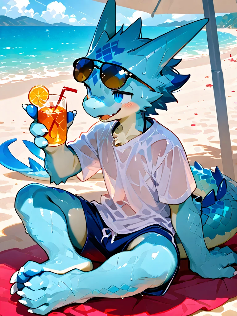 Create an illustration of a fun summer scene featuring a cheerful shark. The shark is wearing sunglasses and has a wide, toothy grin. It is floating in a red and white inflatable ring. The shark is holding a tropical drink with a small umbrella in it. There are hibiscus flowers and small stars around, with the word 'SUMMER' written above the shark in a playful font. The background should give off a fun and relaxed summer vibe
