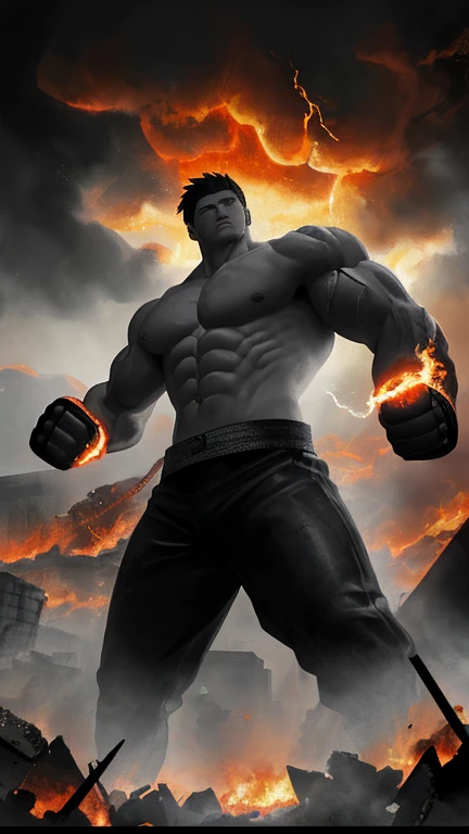 mortal kombat character concept (( super strong )), masterpiece, best quality, ultra-detailed, ground, destroyed city background, shadows, contrast, clear sky, analog style (look at viewer:1.2) (skin texture) (film grain:1.3), ultra-high resolution, octane render, 16k