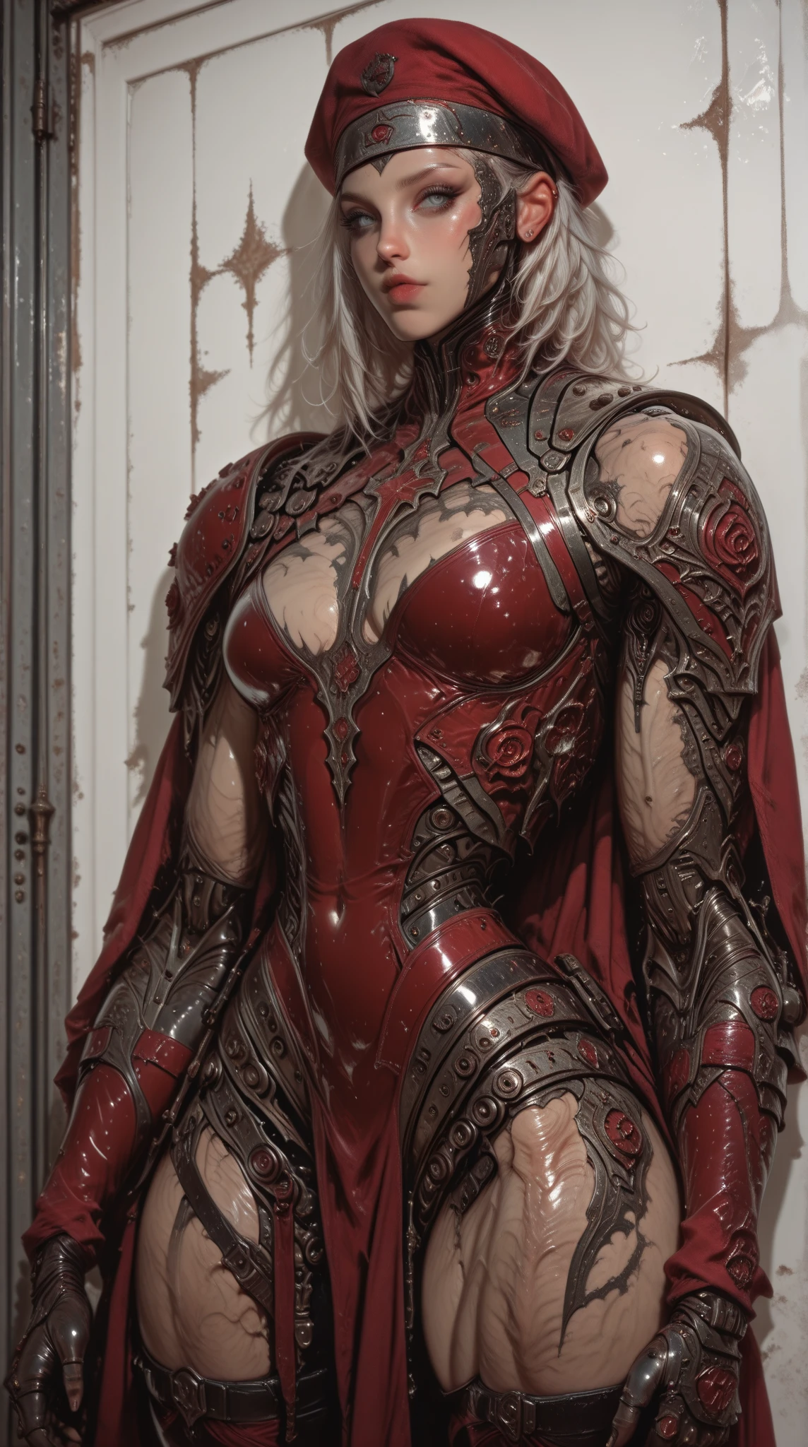 (megan fox:1.25), (muscular:1.45), (full body view:1.25), (masterpiece:1.1), (best quality:1.1), (ornate:1.1), (red and black coloring:1.26), BREAK, (horror:1.0), (esoteric:1.1), (solo:1.4), (dynamic angle:1.0), (cowboy shot:1.0), (woman:1.1),(very muscular bodybuilder girl:1.25), (huge upper body:1.25), (narrow hips:1.0), long hair, (gothic intricate vampiric armor:1.25), (gauntlets:1.0), (shoulder armor:1.1), ((tarot style frame:1.25)), (glowing red eyes:1.25), (huge muscular arms:1.5,), (10-pack abs:1.4), (lots of veins:1.25), thin legs, Realistic, Very detailed face and eyes, masterpiece, (beautiful girl face:1.25)