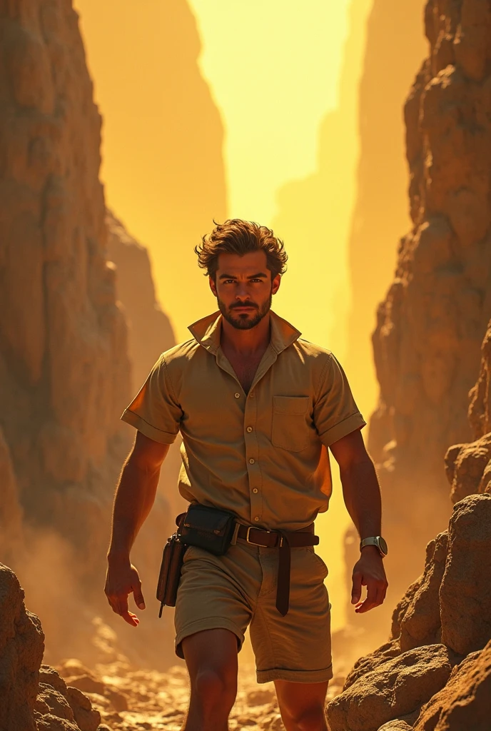 A young handsome skinny man with no shirt standing in the desert with many horses running behind him 