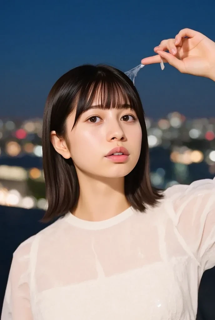 nude、tits、Adult、Best image quality, masterpiece, Ultra-high resolution, (Loyalty :1.4), Skinny Japanese woman, 1 Girl, Detailed face, Fine grain, Correct human anatomy, White shirt, 薄dark, dark, tears, tearsdrop, (Torn clothes:1.2), (Wet clothes:1.4), Bare shoulders, heavy rain, Wet Hair,