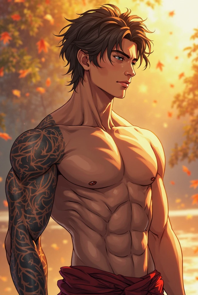 Masterpiece, highres, high Quality, detailed face, muscular build, six-pack abs, short hair, bright blue eyes, wearing ripped jeans and a red plaid shirt, unbuttoned at the top, exposing a toned chest, standing confidently, smirking, ((outdoor scene)), daylight, autumn leaves falling gently around him.