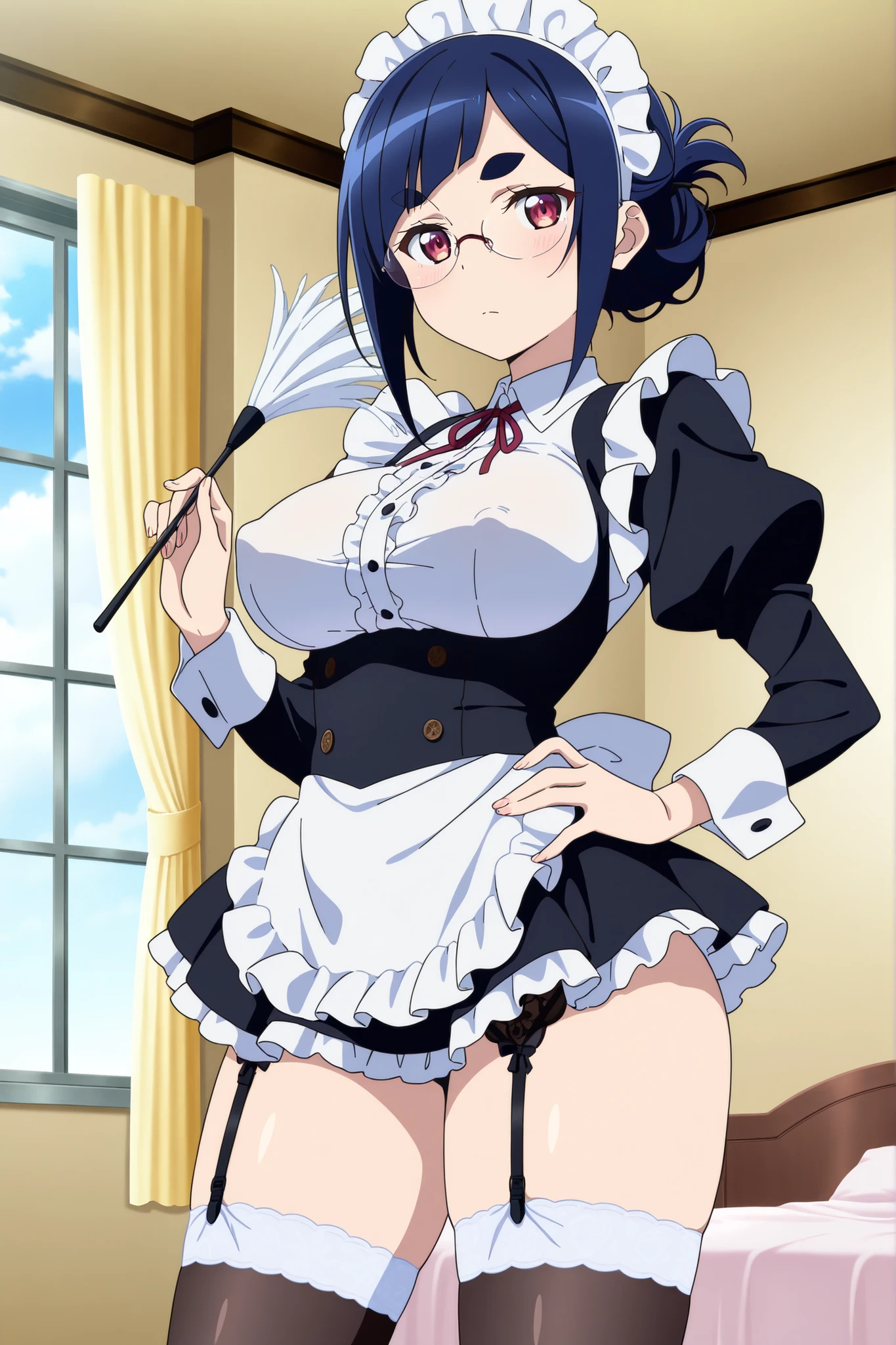 Anime woman enormous bloated expanding diaper mess, huge breast, ?????? relief expression, butt toward viewer, maid skirt