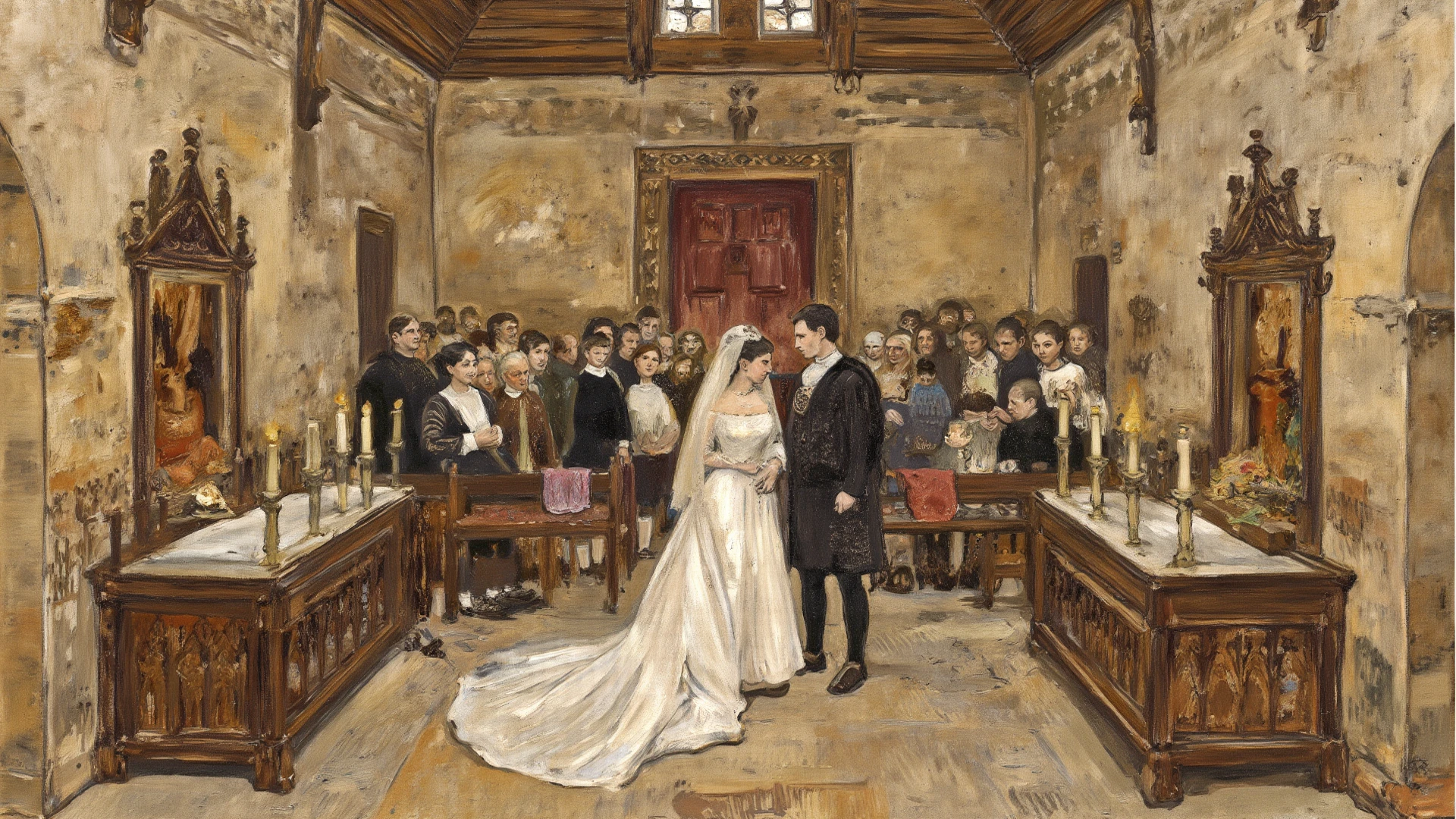 Illustration of a church scene in Victorian style, an elderly pastor and a young buxom brunette woman wearing a Victorian style dress standing in front of the confessional an talking