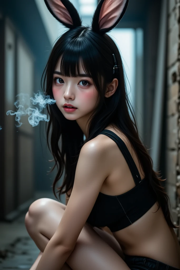 a beautiful japanese girl, very cute high school girl assassin, detailed portrait of innocent  virgin, (midnight, bedroom of the lord's manor:1.2),(a lot of smoke coming from her:1.2),(a attack stance, gathering magic in the palm, blush, shout, open mouth, full-nude:1.3),(demon of legend summoning a spider in the room:1.3),((cold sweat, body soaked in sweat:1.15)), translucent skin, cute double eyelids and black eyes, beautiful small breasts, attractive thighs, glossy straight medium black hair, asymmetrical bangs, dark fantasy, ((best quality, 4k, 8k, highres, masterpiece, ultra-detailed, realistic, photorealistic, photo-realistic, intricate detail, highly realistic:1.3)), dramatic lighting, muted color palette, cinematic composition, emotional portrait