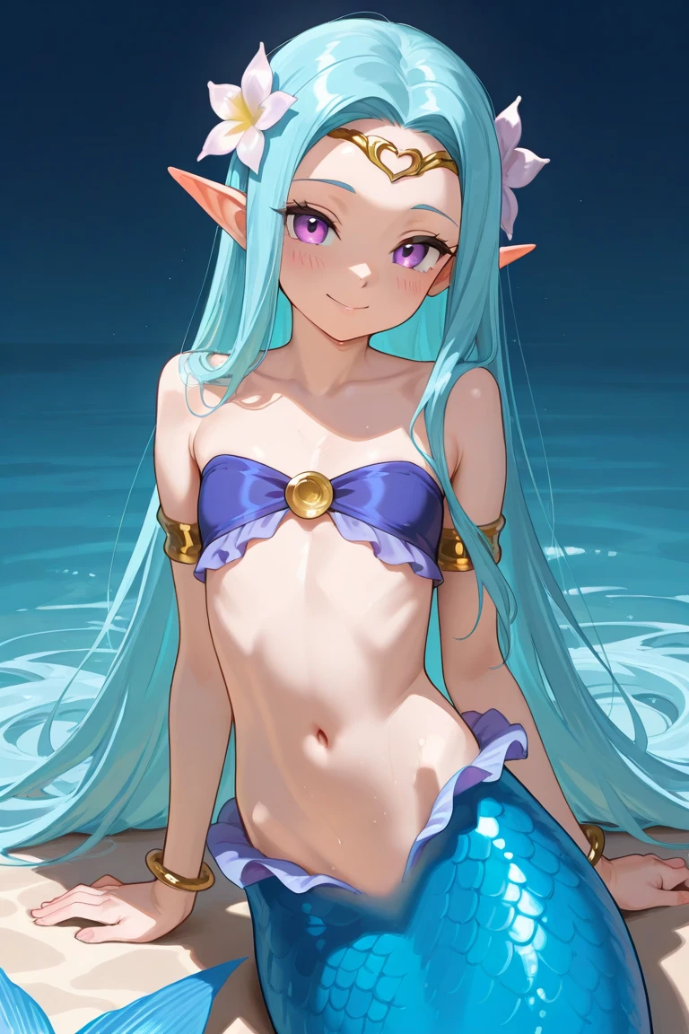 Create a high-quality anime image of a beautiful female elf character in a fantasy pool setting. She has long, flowing aqua green hair styled in a high ponytail, adorned with seashells and pearls. Her eyes are luminous blue, reflecting the sparkling water. She has pointed elf ears that add to her mystical charm.
She is wearing a stylish and revealing swimsuit with intricate details, including a flowing, translucent sarong that resembles seafoam. The swimsuit has coral and seashell accents, adding to the oceanic theme.
The setting is a magical pool with crystal-clear turquoise water, surrounded by lush, enchanted flora. There are floating lily pads and small, glowing fish swimming around. The sky above is a mix of pink and purple hues, indicating a magical twilight.
The character is in the pool, lounging on a colorful, fantasy-themed float ring, striking a very sexy pose. She has a playful and inviting smile, and her posture emphasizes her elegance and allure. The sunlight glistens on her wet hair and outfit, creating a warm and enchanting atmosphere.