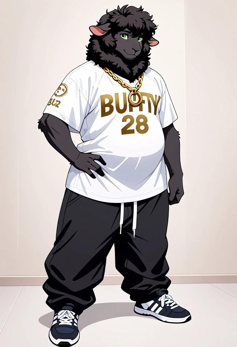 male, anthro, furry, solo, full body, sheep, fluffy, black fur, green eyes, gold chain around neck, oversized jersey shirt, (clothed), baggy pants, chubby, highly detailed, high resolution, detailed background, detailed clothing, masterpiece, good , handfixer, dynamic pose