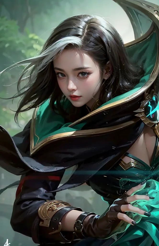 Benedetta, Mobile Legends, hair detail, Realistic, Best Quality, HD, Beautiful, Considerate, Looking at me with a softly smile , Loving me with all her heart, Black Green dress, Scenery, Sunny, Forest, Emerald Green Eyes