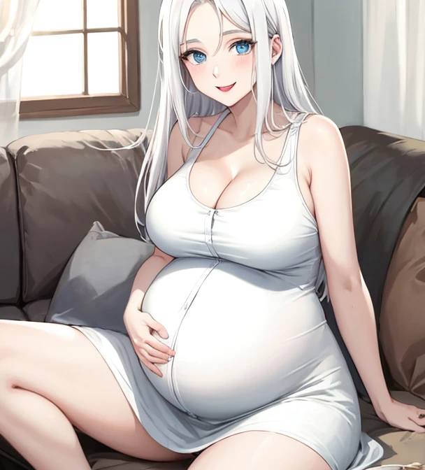 1pregnant woman,blue color eyes,long white hair,indoor room,Lie down in bed,Huge pregnant belly, It's painful, Very wide open mouth,Gently rub your tummy,Masterpiece, Best quality,,A high resolution,Detail enhancement,best qualtiy,Perfect image quality,gigantic breasts,l ,Whiteckings tighten big feet,Pedal your legs,