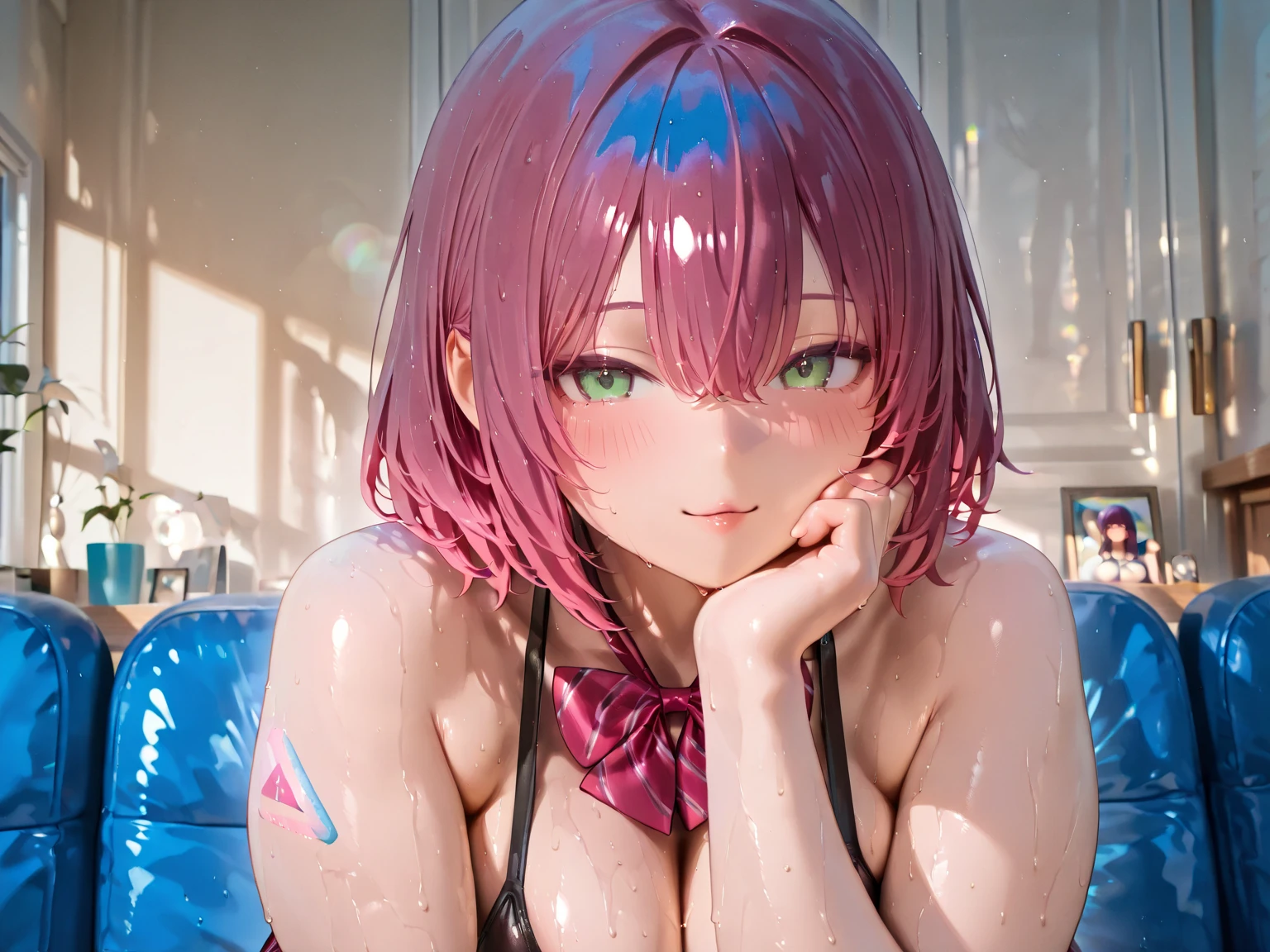(Highest quality), (masterpiece), high resolution, Realistic texture, close,Beach、Extremely small sexy micro bikini
, momo velia deviluke, Sexy Pose、hair ornaments, Bobcut, Short Hair Pink Hair, Purple eyes, (Big Breasts), , , (blush:1.2), smile,smile、Open your mouth
、Lying on your back