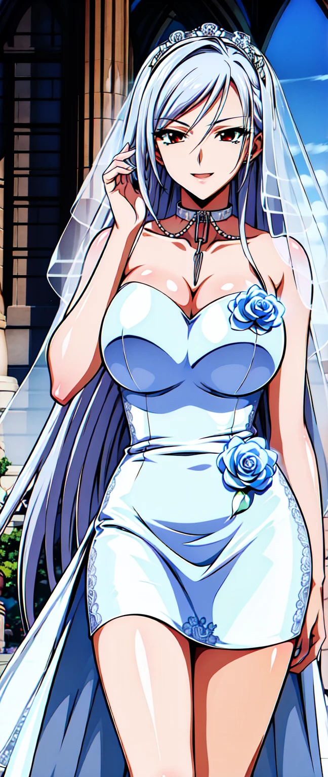 Masterpiece, raw,  beautiful art, professional artist, 8k, art style by sciamano240, very detailed face, very detailed hair, 1girl, perfectly drawn body, beautiful face, long light blue hair , very detailed blue eyes , rosey cheeks, intricate details in eyes, sultry smile , lusty expression, lipstick, very close up on face, wearing veil, elegant white wedding dress, white elbow gloves, wedding ring, holding bouquet, white stockings, wedding setting, standing at the altor, posing for wedding pictures with husband,