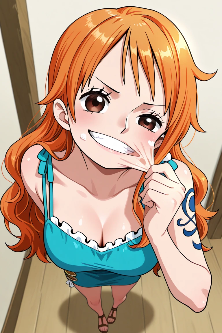 a cartoon picture of a woman in a bikini top and jeans, nami one piece, nami from one piece, nami, beautiful portrait of nami, from one piece, oppai, blue eyes, smoking, ponytail