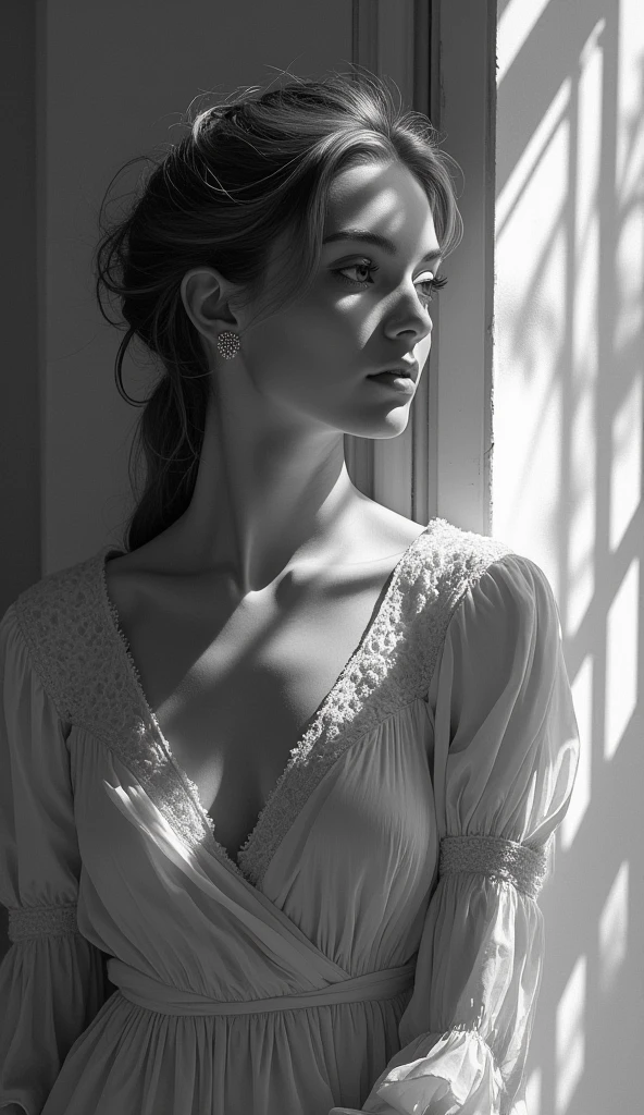 Fade in and out, And the girls of Twilight，It's like a character coming out of an old movie screen,The dim light cast soft shadows over her silhouette, Sketch the mysterious face,This dim lighting effect adds a retro touch to the picture,Color medium format film,Fixed focus portrait lens,Documentary portrait,Elegance, peacful, Attractive cleavage, classic, empowering, Contemplative, Classical beauty, Fading film, desaturated,(World News Pictures),(by mario testino),((Best quality)),((Masterpiece)),((Realistic))Delicate details, 8K wallpaper, (Photorealistic:1.4), Natural skin texture, Soft cinematic light, Adobe Lightroom, photolab, hdr, Intricate, Sharp focus, ((((Cinematic look)))), soothing tones, insanely details, Intricate details, ultra - detailed, Low contrast, Soft cinematic light, dim colors, exposure blend,