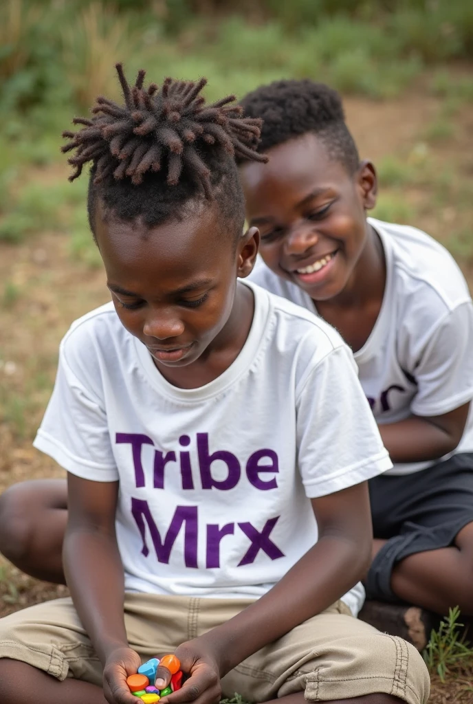 African boy playing drums in the field