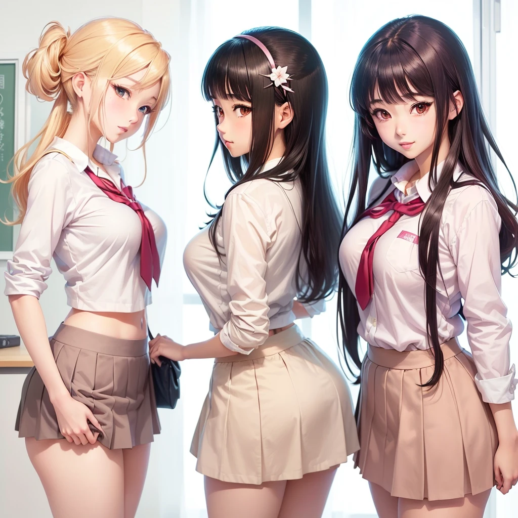((masterpiece, highest quality, High resolution, 超High resolution, Perfect Pixel, Depth of written boundary, 4K, RTTX 10.0, High resolution))), (Three adult women:1.3), Beautiful Anime Woman, Beautiful art style, Anime characters, ((Long Hair, bangs, Dark brown hair, ponytail)), ((Beautiful eyelashes)), ((Detailed face, blushする:1.2)), ((Smooth texture, Realistic texture, Anime CG Style)), Perfect body, Slender body, Exact finger count、Exact number of legs、Exact number of arms, (blush:1), (3人の女性はLooking Backスカートをめくって立っている, The women on either side are standing next to the woman in the center:1.2), ((White stylish shirt, Checkered Skirt:1.2)), Knee-high socks, (Lift up your skirt yourself:1), Realistic, Slender body, highest quality, High resolution, 非常にDetailed face, Perfect lighting, Extremely detailed CG, (Perfect hands, Perfect Anatomy), Embarrassed expression, (School classroom:1.3), whole body, ((Stylish and sexy white satin panties:1.2)), (Exquisitely designed luxury underwear for adults, パンティーのHigh resolution画像), Angle from the rear, Looking Back