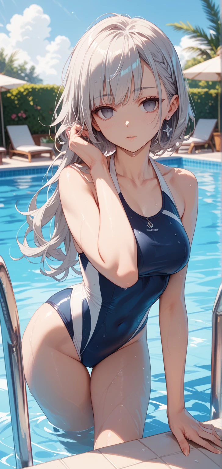 ((2D Beautiful Girl、highest quality、Perfect Finger 1.3、Perfect Anatomy 1.3、Very delicate and beautiful illustration))、pretty girl、(Conversion Sequence)、((Swimwear))、14 years、Slender beautiful girl、Fractal Art、Baby Face、((Straight Long Hair))、Big droopy eyes、Laughter、Full-body display、(1 person)、Long sleeve、School swimming pool、Are standing、