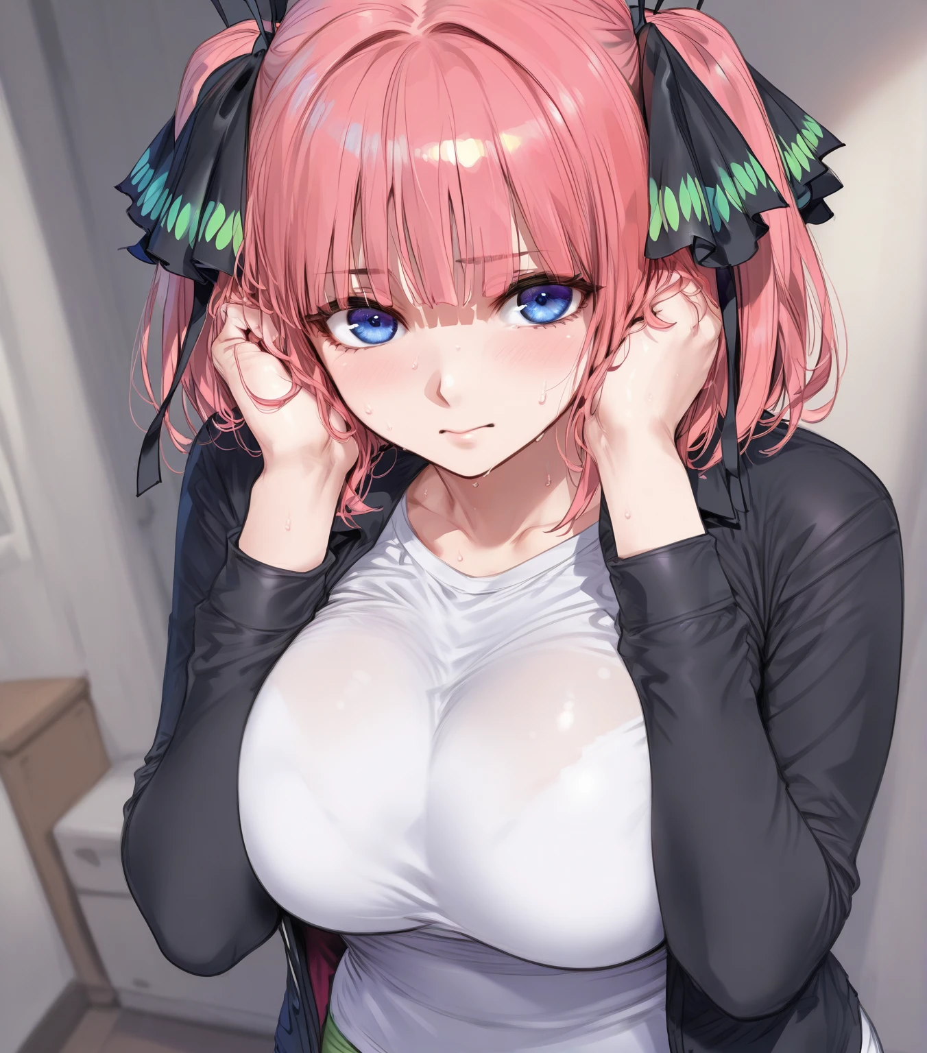 small petite woman with big poofy pink hair licking a large set of breasts