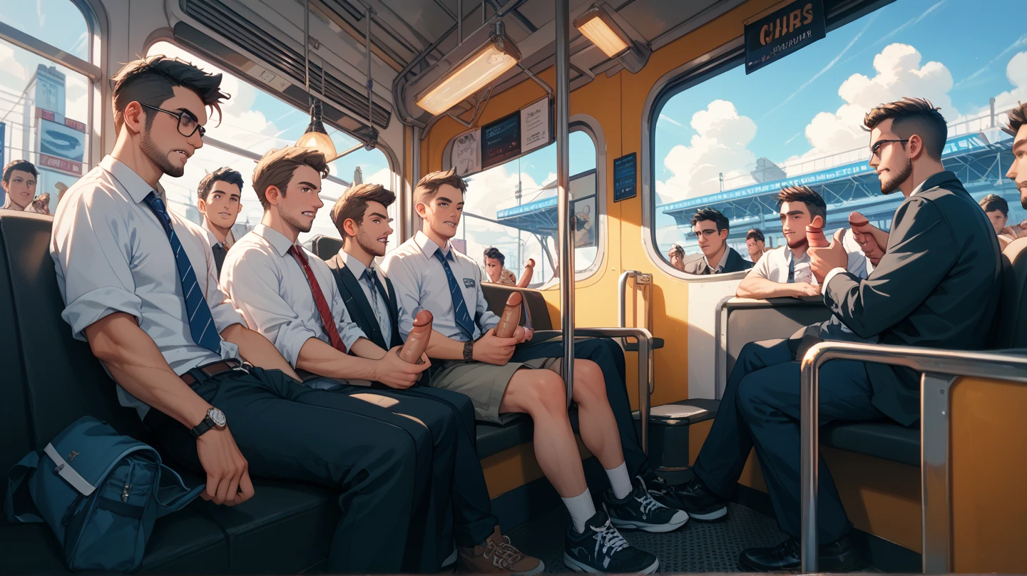 school bus full of  men jerkoff together