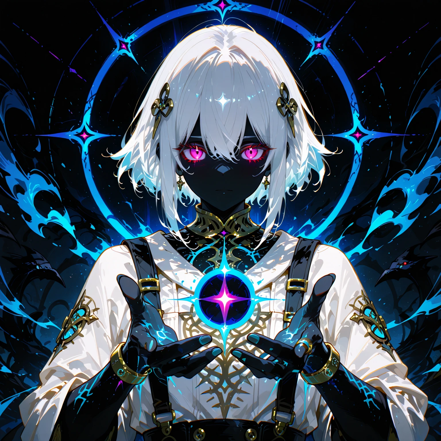 nsfw, penis, cum, satou kuuki, Embracing dark aura, pubic tattoo, glowing tattoo, 1girl, thigh high boots, medium hair, Feeling magical energy, octagonal yin yang mirror, cape, forehead accessory, runes, evil smile, stand-up collar, black body suit, at midnight, Holding a symbol of faith, purple eye, sky blue hair, gold decoration, evil eye decoration, moon, earring, chains, belt, yin yang, skirt, beautiful art, high res, perfect face, detailed outfit