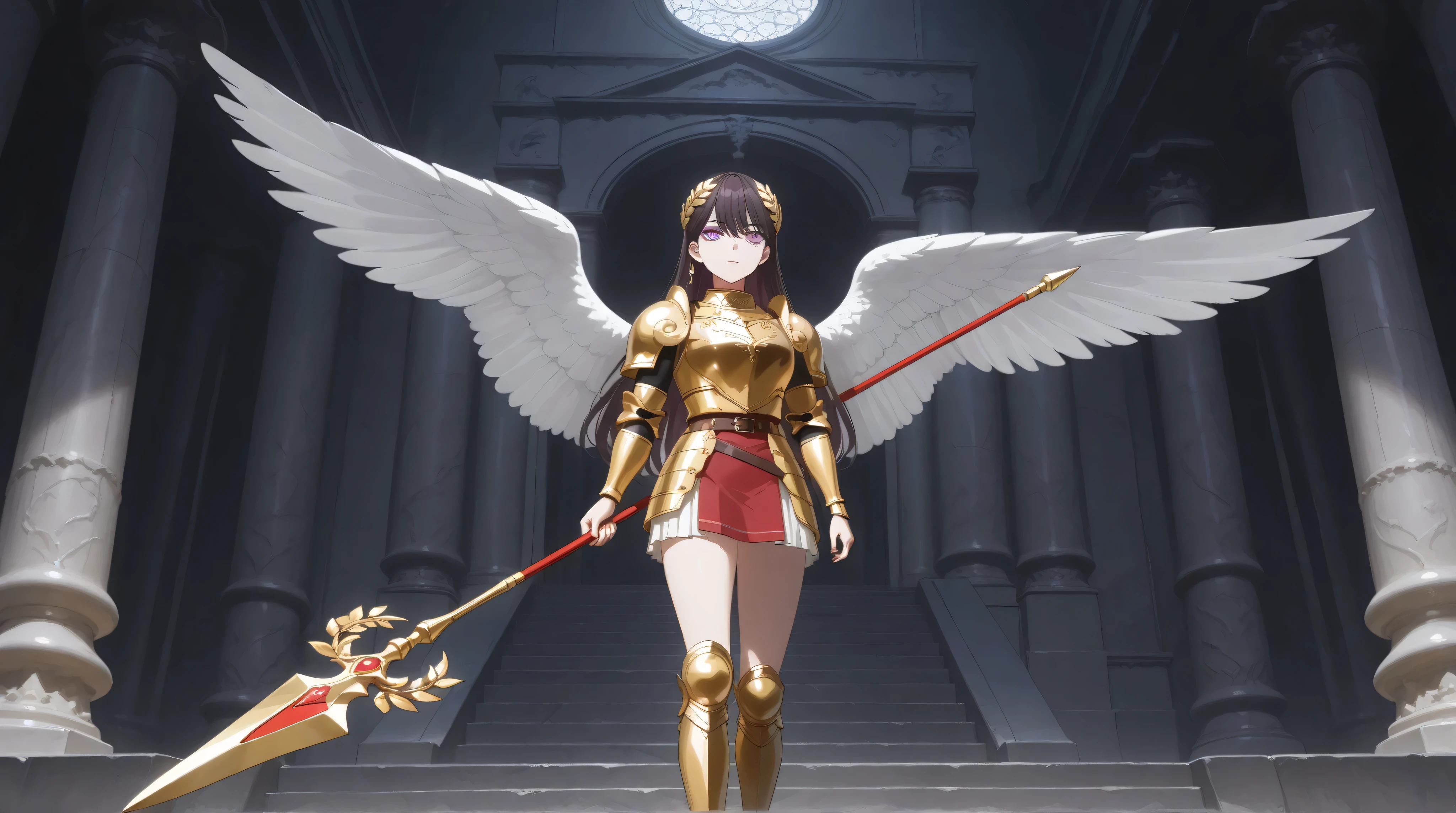 one girl, is the side of the band :1.2, whole body ,shiina taki, MyGO, long hair, black hair ,purple eyes, mole under eyes, golden laurel wreath, red and golden armor, gold boots, Holding a spear, spear with thunder, short skirt, angel wings, marble temple, standing on the stairs