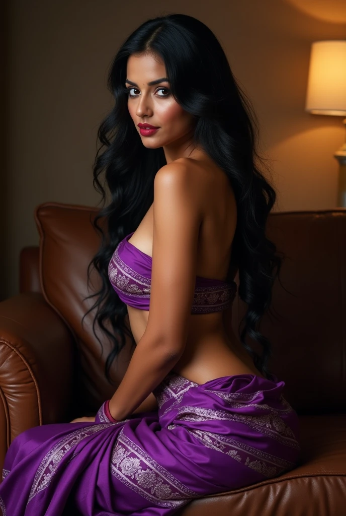 23 year old indian woman, standing, seductive, smooth skin, Long hair, shoulder length black hair, thin eyebrows, fair skin, blushing cheeks, perfect body, Very big breasts, violet DESIGNED very SEXY saree, THIN BRA, Wearing almost nothing, cleavage, castle hallway, LONG HAIR, eye contact, seductive smile, high detail, feminine facial features, slim, slender, high resolution, real girl, realism, realistic, soft lighting, The perspective is from below, emphasizing the sheer majesty, HALF BODY