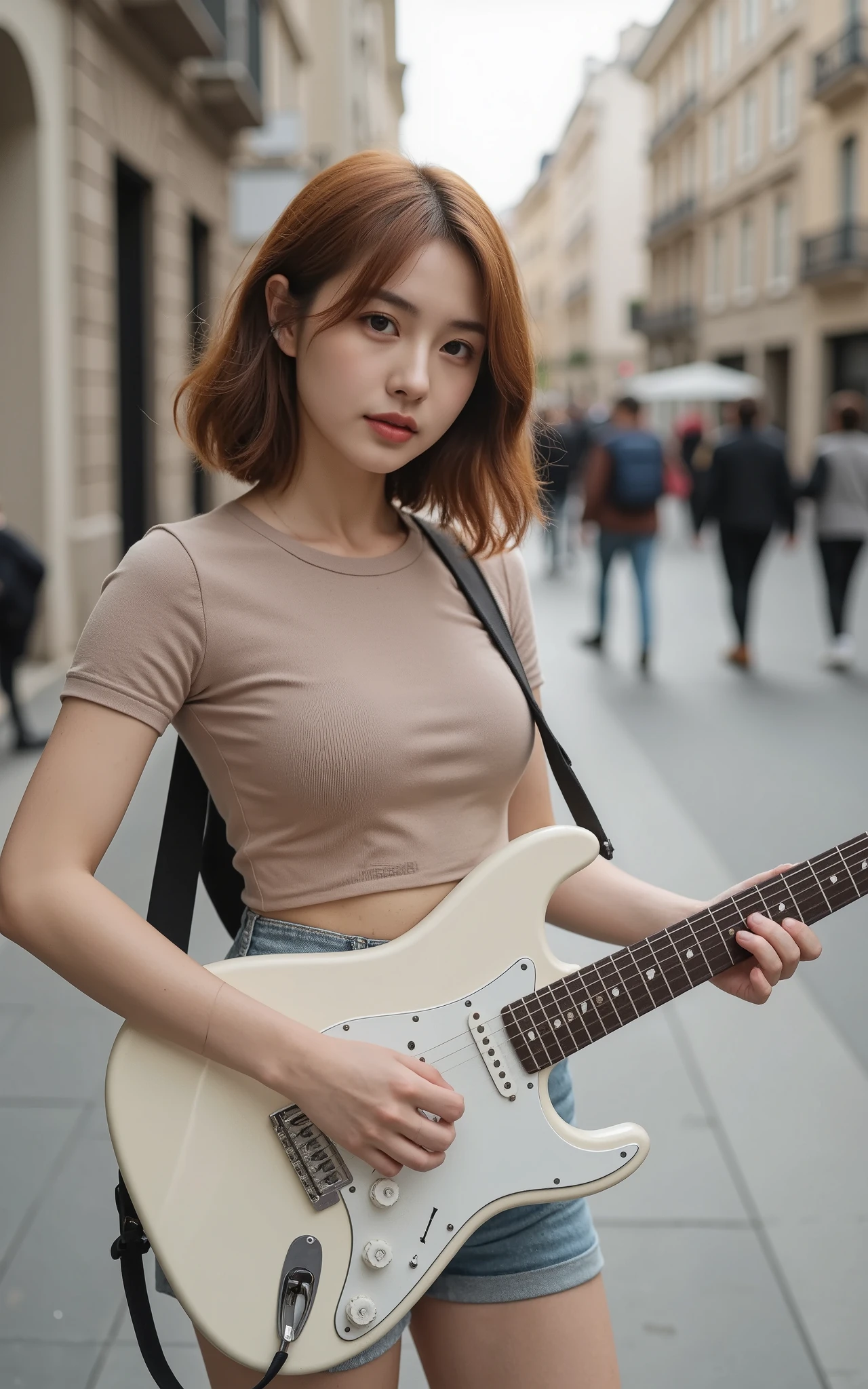 A fair-skinned woman with shoulder-length wave bright sepia hair and, wearing a fitted mash round crop top and short jean. She is standing confidently in a European street, playing a white electric guitar. In the background, distant pedestrians are faintly visible, blurred and small in scale to emphasize depth and perspective. Soft, natural daylight from the front — typical of 5 to 6 PM — casts a gentle, flattering glow on her, highlighting her and the guitar against the urban backdrop. The scene feels Ultra-realistic, soft lighting.