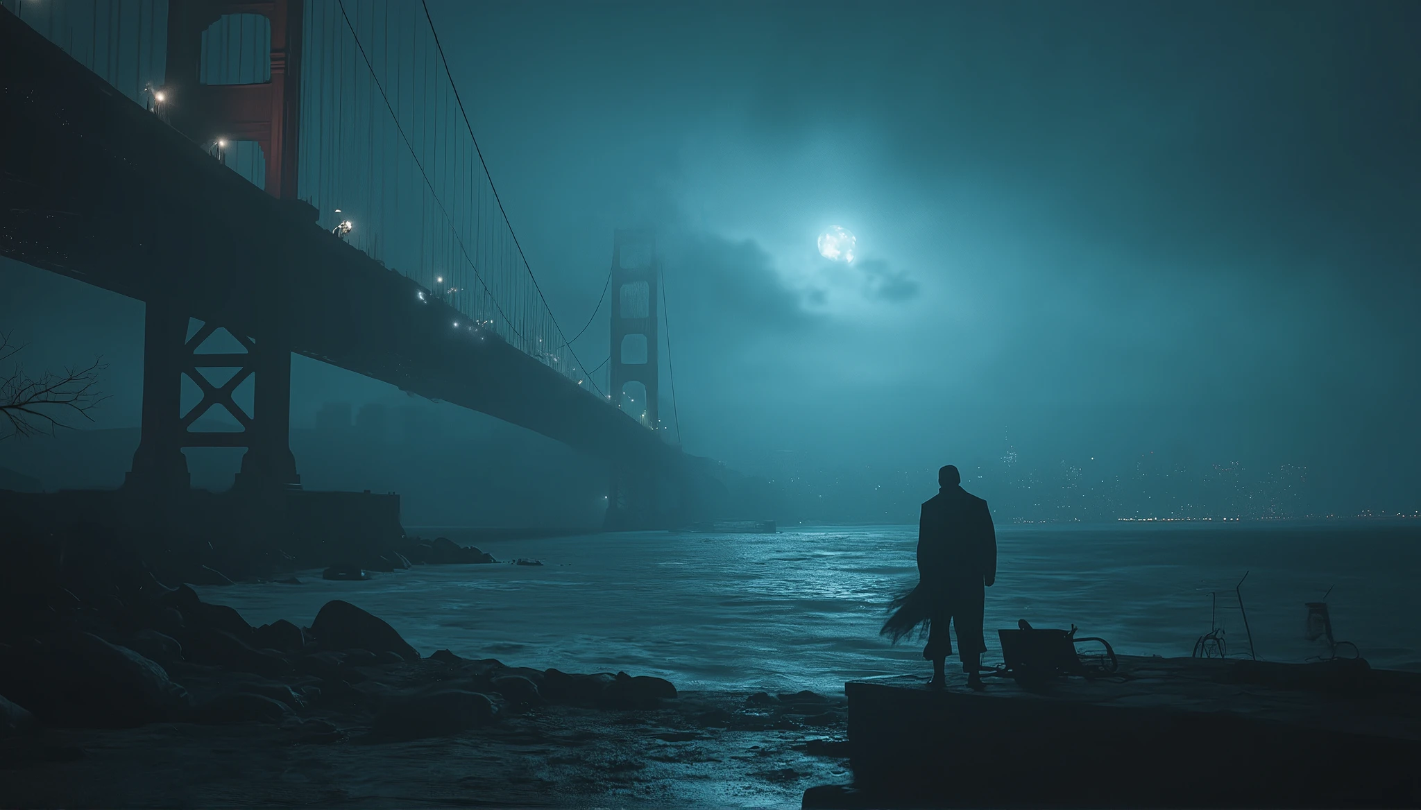 "A hauntingly deserted San Francisco at night, where the Golden Gate Bridge stands like a forgotten relic in the mist. The bridge’s iconic towers pierce through thick, rolling fog, their crimson paint dulled under a sickly moon. The city skyline behind it is a ghostly silhouette—skyscrapers dark, their windows empty, with only a few flickering lights hinting at something watching from within. The streets below are abandoned: cars left mid-traffic, newspapers blowing across Fisherman’s Wharf, and the faint hum of a broken neon sign buzzing in the distance. The bay is unnaturally still, its surface reflecting the bridge like a black mirror. A single streetlamp flickers on the bridge’s walkway, casting long shadows that twist unnaturally for a second before vanishing. The air is heavy with silence, broken only by the distant groan of metal—as if the bridge itself is breathing, more creepy ."
Key Details:
Golden Gate Bridge: Half-lost in fog, its cables sagging slightly, as if strained by an unseen weight.
Lighting: Cold, dim glow from malfunctioning streetlights; neon signs sputtering in Chinatown.
Atmosphere: Heavy mist, stagnant bay water, an eerie stillness—no birds, no waves, no voices.
Abandonment: Overturned cable cars on Market Street, a lone bicycle leaning against a boarded-up café.
Unsettling Element: A shadowy figure standing at the bridge’s midpoint, or a human-shaped smear on a fogged-up window.
Style:
Cinematic realism (Blade Runner 2049 meets Silent Hill)—cool blue tones, high contrast, hyper-detailed textures.
Mood: Isolation, dread, the uncanny. more creepy