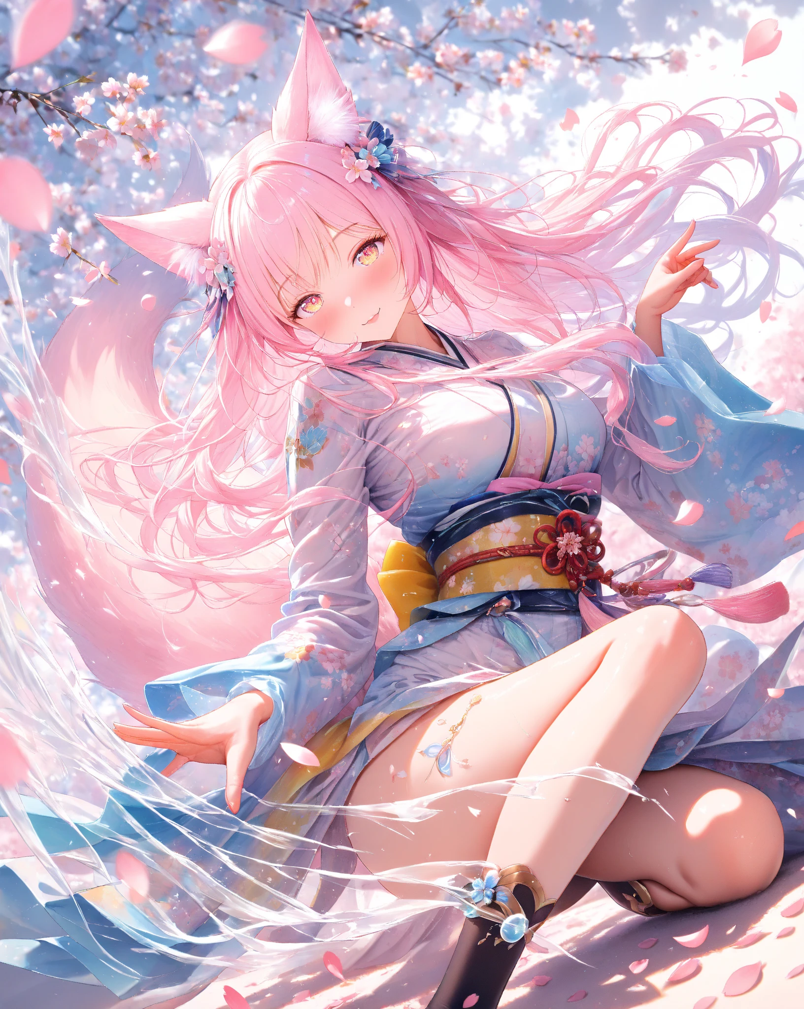Anime Kawaii sexy Perfect Slim sensual body large breast and huge thighs, An intricate and highly detailed illustration of anime (Young girl). Complicated Details， 1 ，  Ridiculously Long Pink Hair， Calico cat ears， Anime Kawaii sexy Perfect Slim sensual body large breast and huge thighs, An intricate and highly detailed illustration of anime (Young girl). Detailed blue-green eyes， Detailed cut， （Spread your legs），（breast-feeding），Amount of breast milk，breast-feeding，vaginale，creme，torn outfit，work of art，8k