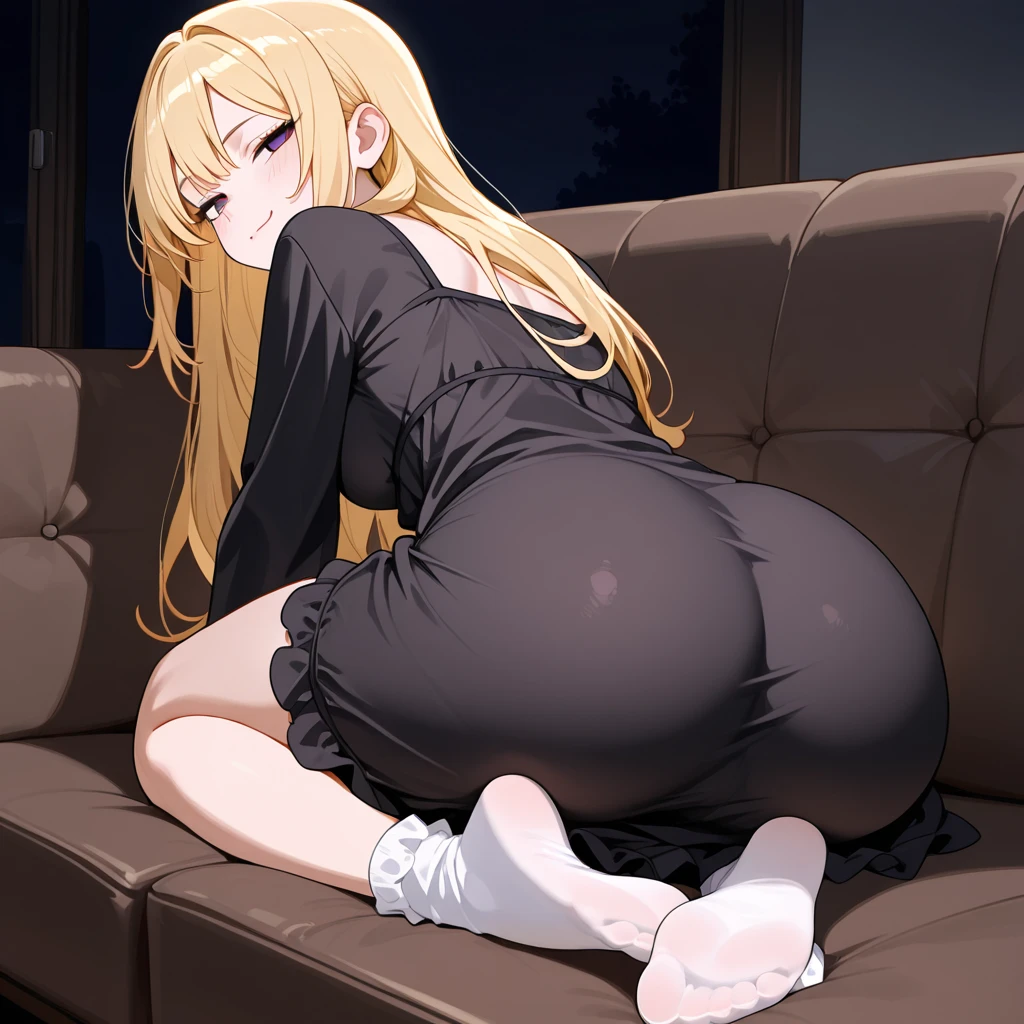  masterpiece, best quality, highly quality , NBshmn-KJ , purple eyes, very long hair , lips , (nude ,naked,black pantyhose:1.2) , long legs, ass, (lying on stomach, lying, from behind, detailed pussy,vulva,anus, detailed anus,detailed back,perfect body:1.3), thick thighs, 1girl, solo, pillow, absurdres, highres, ass in front of camera, ass in front of viewer