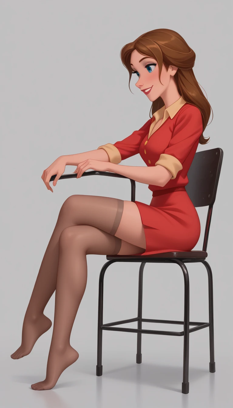 SandraBullock, curly hair,  head band,  very tiny miniskirt,  pantyhose,  crossed legs 
