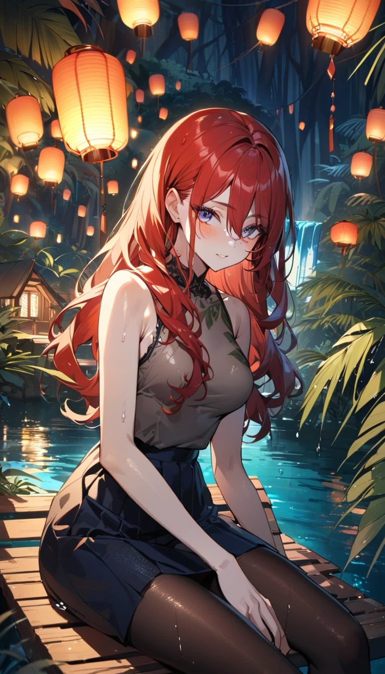masterpiece, best quality, 1girl, red and gold eyes, red long hair, (standing:1.1), (forest:1.1), pov, perfect eyes, arms at sides, river, portrait, full body, smile, heeled sandals, beautiful landscape, trees